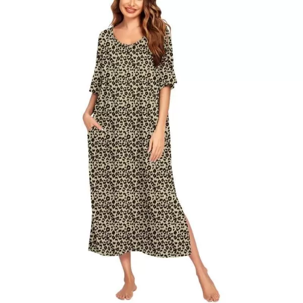 Ekouaer Women Nightgowns Long Night Gowns for Women O Neck Loungewear Sleep Shirts Sleepwear GownLeopard Print