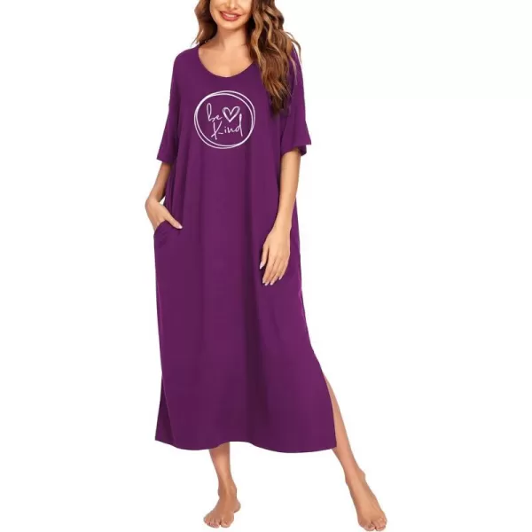 Ekouaer Women Nightgowns Long Night Gowns for Women O Neck Loungewear Sleep Shirts Sleepwear GownWineberry