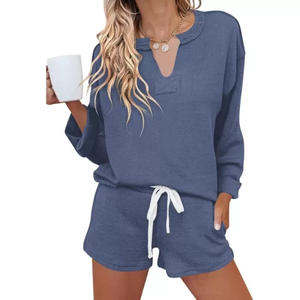 Ekouaer Women Pajama Set Waffle Knit SetAnavy Blue