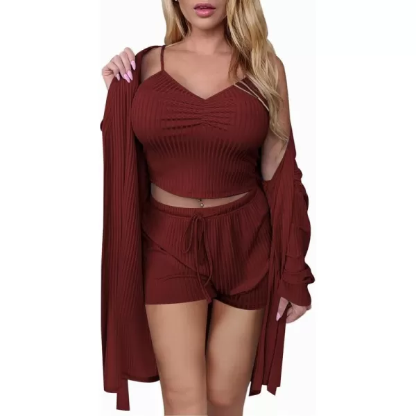 Ekouaer Women Pajamas Set 3 Piece Lounge Sets with Open Front Cardigan Pocketed Cami and Shorts Pjs Belted Robe SetDark Red