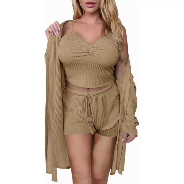 Ekouaer Women Pajamas Set 3 Piece Lounge Sets with Open Front Cardigan Pocketed Cami and Shorts Pjs Belted Robe SetKhaki