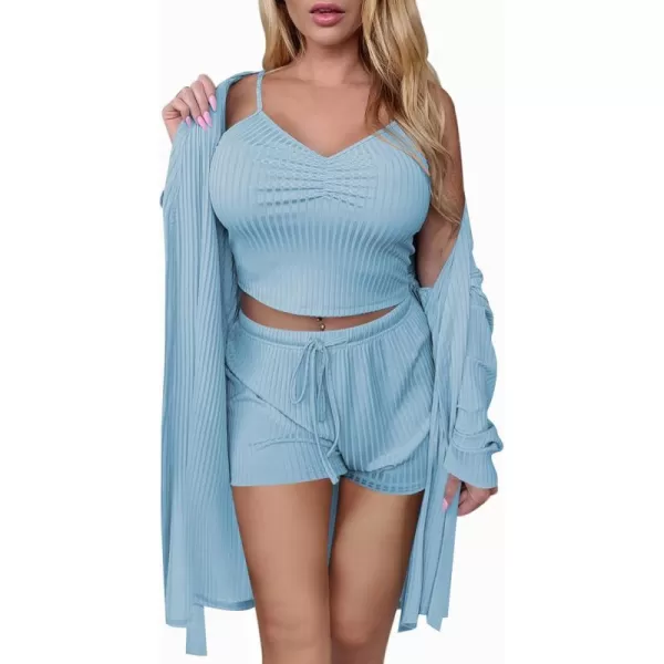 Ekouaer Women Pajamas Set 3 Piece Lounge Sets with Open Front Cardigan Pocketed Cami and Shorts Pjs Belted Robe SetLight Blue