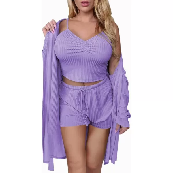 Ekouaer Women Pajamas Set 3 Piece Lounge Sets with Open Front Cardigan Pocketed Cami and Shorts Pjs Belted Robe SetPurple