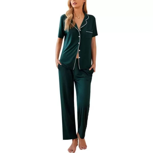 Ekouaer Women Pajamas Set Button Down Sleepwear Short Sleeve Nightwear with Long Pants Soft Pjs Set with Pockets SXXLDark Green