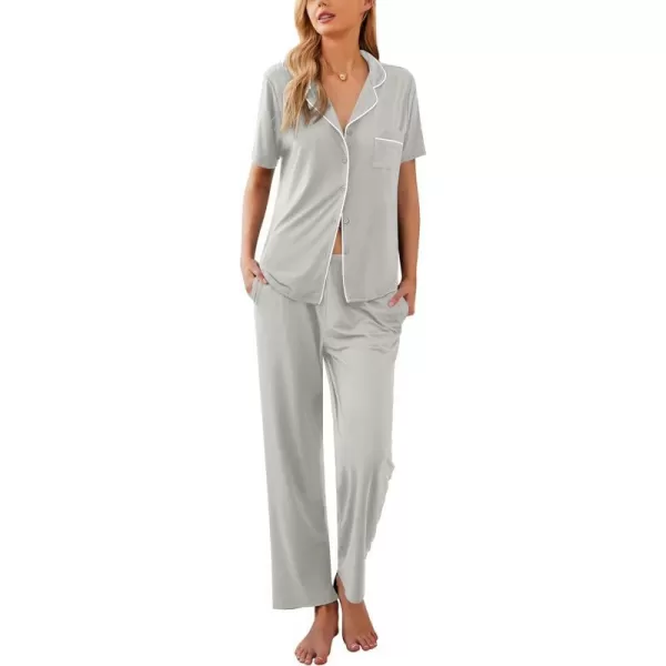 Ekouaer Women Pajamas Set Button Down Sleepwear Short Sleeve Nightwear with Long Pants Soft Pjs Set with Pockets SXXLLight Grey