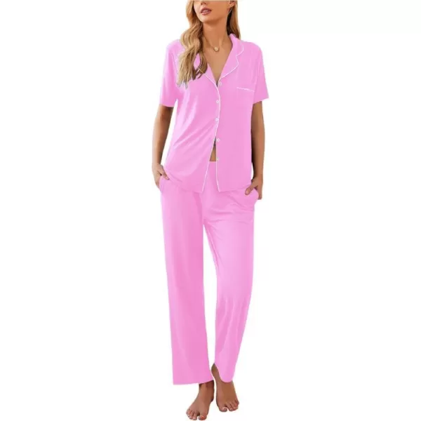 Ekouaer Women Pajamas Set Button Down Sleepwear Short Sleeve Nightwear with Long Pants Soft Pjs Set with Pockets SXXLPink