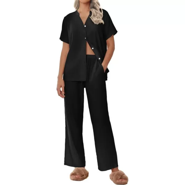 Ekouaer Women Pajamas Set Short Sleeve Button Down Floral Sleepwear Soft Pjs Loungewear Pants Set SXXLBlack