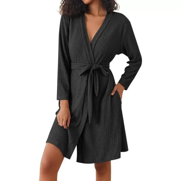 Ekouaer Women Robe Long Sleeve Knit Robes Lightweight Kimono Bathrobe Soft Loungewear with PocketsBlack