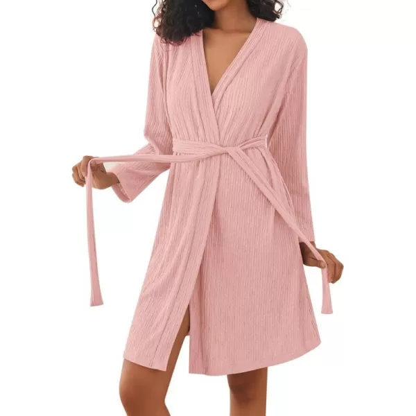 Ekouaer Women Robe Long Sleeve Knit Robes Lightweight Kimono Bathrobe Soft Loungewear with PocketsPink