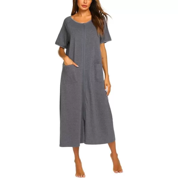 Ekouaer Women Robes Zipper Front Short Sleeve Full Length Housecoat with Pockets Loungewear S4XLGrey