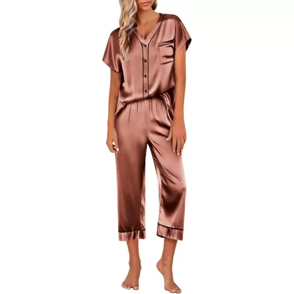 Ekouaer Women Satin Pajamas Set Button Up Nightgown Short Sleeve VNeck Sleepwear Two Piece Shorts Set Nightwear S2XLBrown