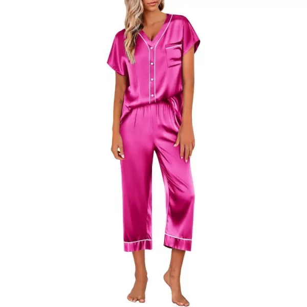 Ekouaer Women Satin Pajamas Set Button Up Nightgown Short Sleeve VNeck Sleepwear Two Piece Shorts Set Nightwear S2XLHot Pink