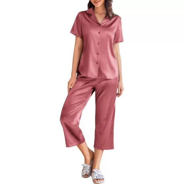 Ekouaer Women Satin Pajamas Set Short Sleeve Capri Sleepwear Silk Button Down Nightwear TwoPiece LoungewearDusty Rose