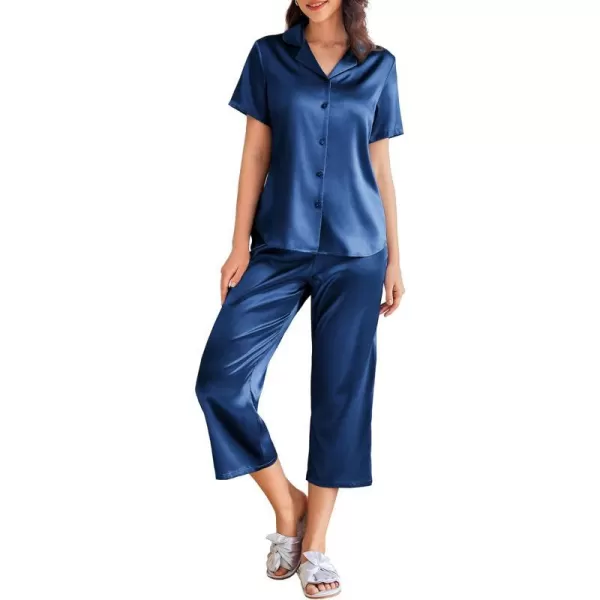 Ekouaer Women Satin Pajamas Set Short Sleeve Capri Sleepwear Silk Button Down Nightwear TwoPiece LoungewearNavy Blue