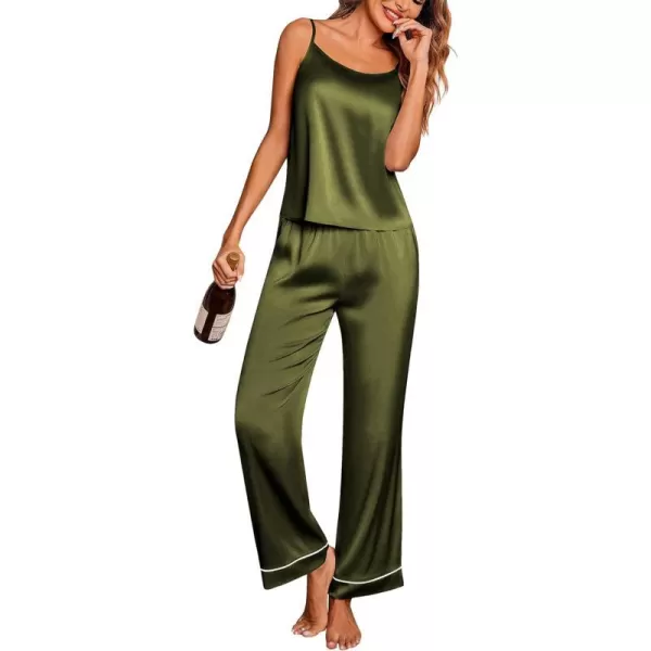 Ekouaer Women Satin Pajamas Silk Sleeveless Pjs Set Soft Camisole Tops and Pants with Pockets SXXLArmy Green