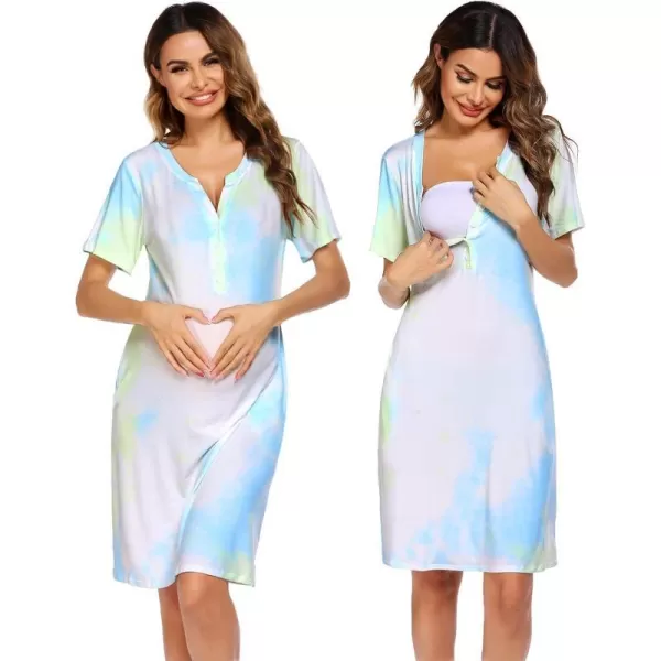 Ekouaer Women Short Sleeve Nightgown Striped Nursing Nightgown Breastfeeding Sleep DressBlue Tie Dye