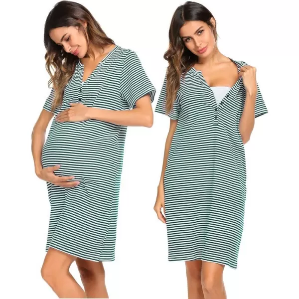 Ekouaer Women Short Sleeve Nightgown Striped Nursing Nightgown Breastfeeding Sleep DressDark Green