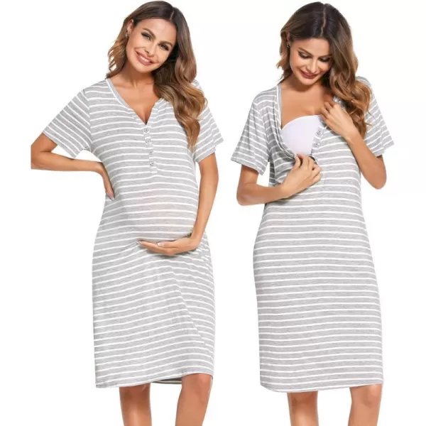 Ekouaer Women Short Sleeve Nightgown Striped Nursing Nightgown Breastfeeding Sleep DressGrey