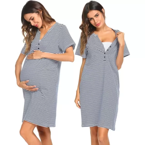 Ekouaer Women Short Sleeve Nightgown Striped Nursing Nightgown Breastfeeding Sleep DressNavy Blue