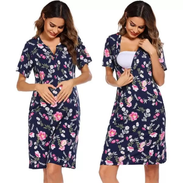 Ekouaer Women Short Sleeve Nightgown Striped Nursing Nightgown Breastfeeding Sleep DressNavy Blue Floral