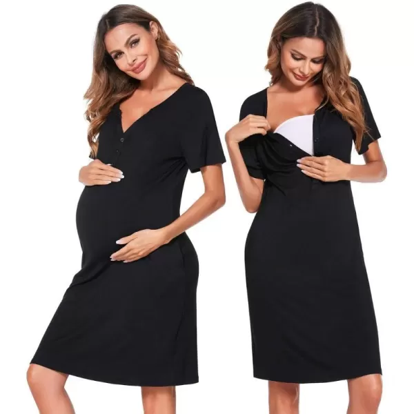 Ekouaer Women Short Sleeve Nightgown Striped Nursing Nightgown Breastfeeding Sleep DressSolid Black