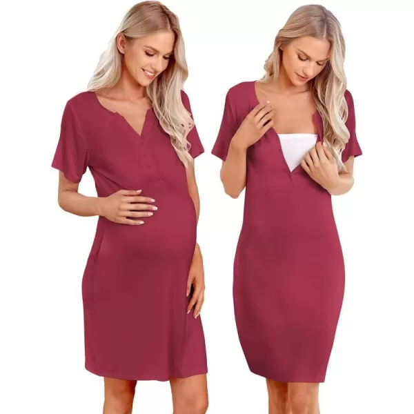 Ekouaer Women Short Sleeve Nightgown Striped Nursing Nightgown Breastfeeding Sleep DressSolid Burgundy