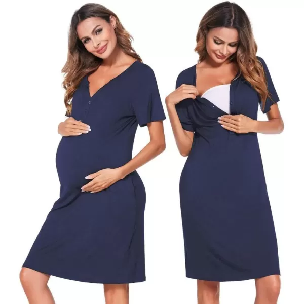 Ekouaer Women Short Sleeve Nightgown Striped Nursing Nightgown Breastfeeding Sleep DressSolid Navy