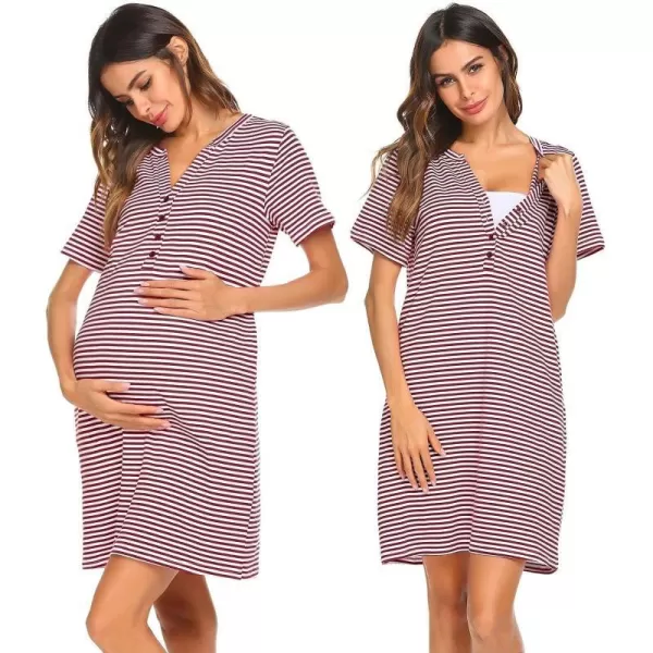 Ekouaer Women Short Sleeve Nightgown Striped Nursing Nightgown Breastfeeding Sleep DressWine Red