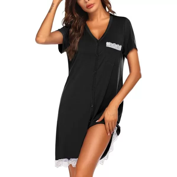 Ekouaer Women Striped Nightgowns Button Down Sleepshirts01 Black