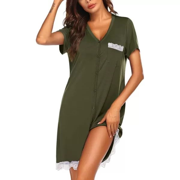 Ekouaer Women Striped Nightgowns Button Down SleepshirtsArmy Green