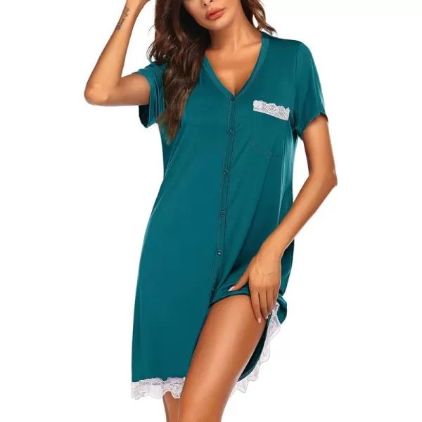 Ekouaer Women Striped Nightgowns Button Down SleepshirtsBlue Green