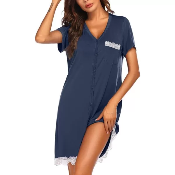 Ekouaer Women Striped Nightgowns Button Down SleepshirtsDark Blue