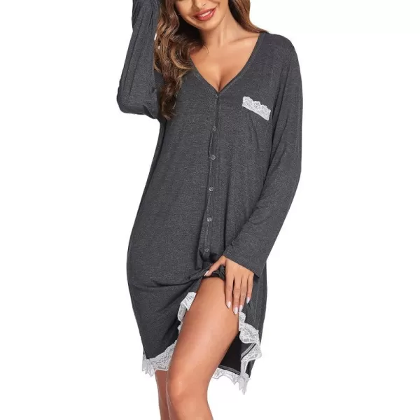 Ekouaer Women Striped Nightgowns Button Down SleepshirtsLong Sleevedark Grey