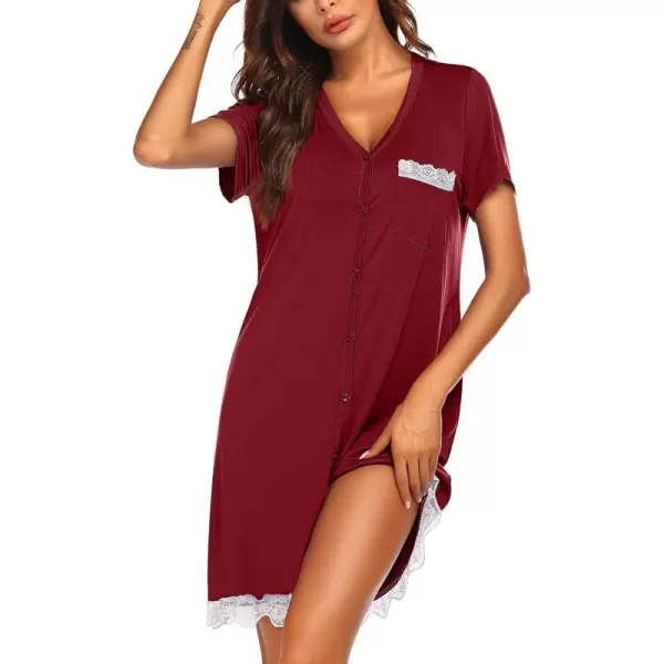 Ekouaer Women Striped Nightgowns Button Down SleepshirtsWine Red