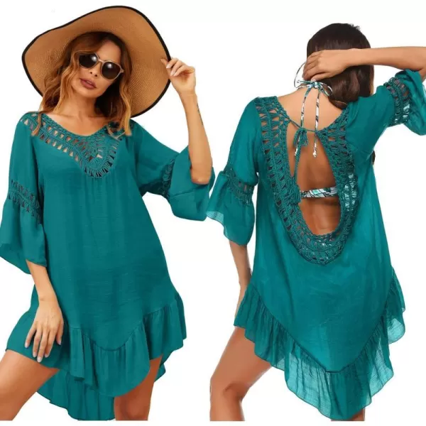 Ekouaer Women Swimwear V Neck Crochet Cover UpsAadarkcyan