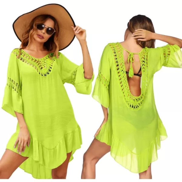 Ekouaer Women Swimwear V Neck Crochet Cover UpsAcfluorescent Green