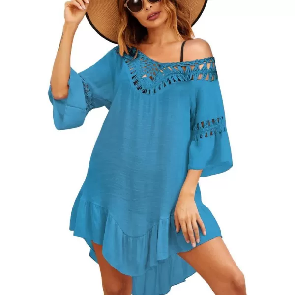 Ekouaer Women Swimwear V Neck Crochet Cover UpsAcpeacock Blue