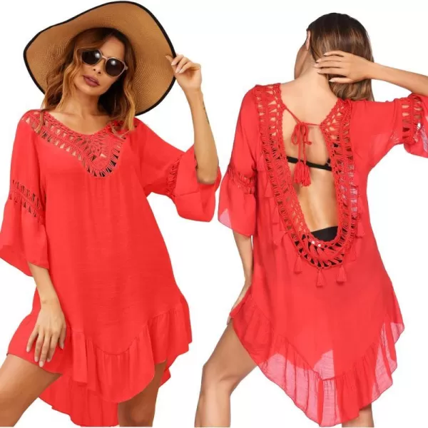 Ekouaer Women Swimwear V Neck Crochet Cover UpsAred