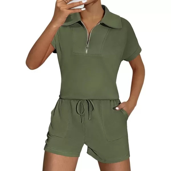 Ekouaer Women Two Piece Outfits Half Zip Shorts Set and Short Sleeve Tops Lounge Sets Shorts Summer Tracksuit Sweatsuit SetArmy Green