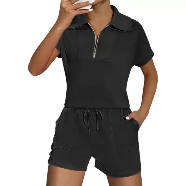 Ekouaer Women Two Piece Outfits Half Zip Shorts Set and Short Sleeve Tops Lounge Sets Shorts Summer Tracksuit Sweatsuit SetBlack