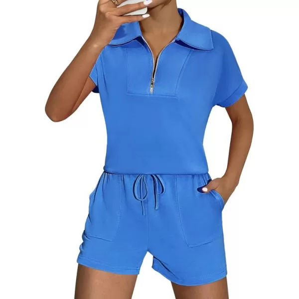 Ekouaer Women Two Piece Outfits Half Zip Shorts Set and Short Sleeve Tops Lounge Sets Shorts Summer Tracksuit Sweatsuit SetBlue