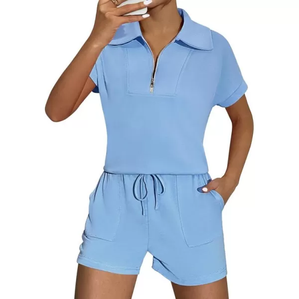 Ekouaer Women Two Piece Outfits Half Zip Shorts Set and Short Sleeve Tops Lounge Sets Shorts Summer Tracksuit Sweatsuit SetLight Blue