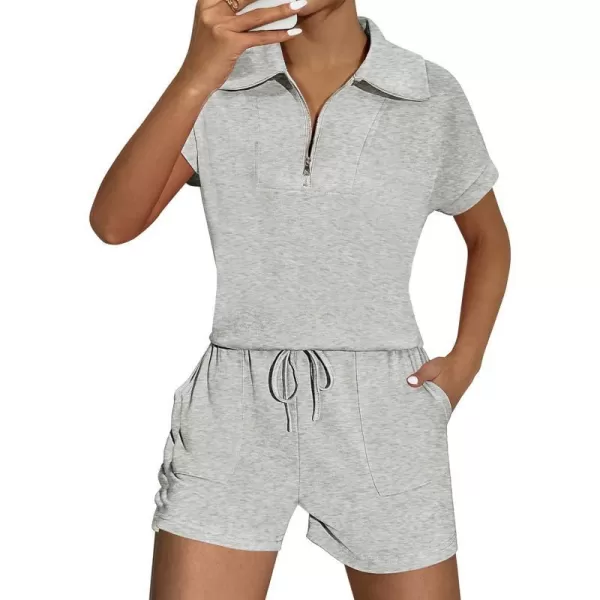 Ekouaer Women Two Piece Outfits Half Zip Shorts Set and Short Sleeve Tops Lounge Sets Shorts Summer Tracksuit Sweatsuit SetLight Gray