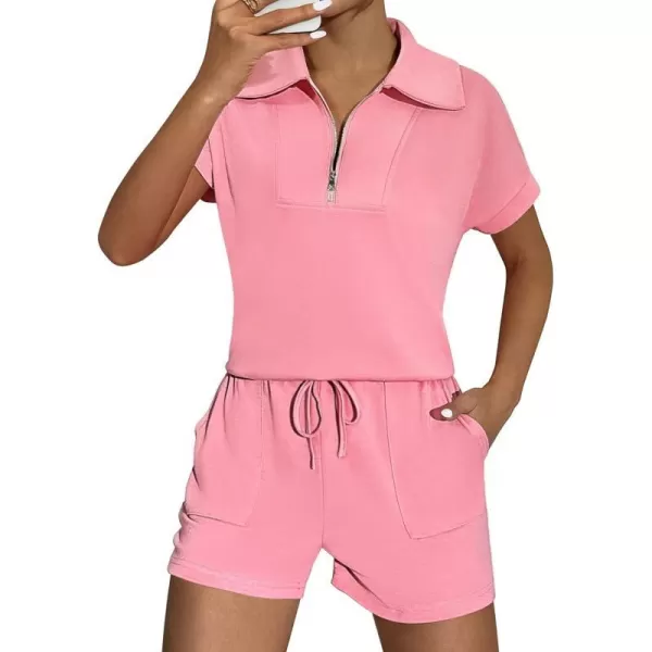 Ekouaer Women Two Piece Outfits Half Zip Shorts Set and Short Sleeve Tops Lounge Sets Shorts Summer Tracksuit Sweatsuit SetPink