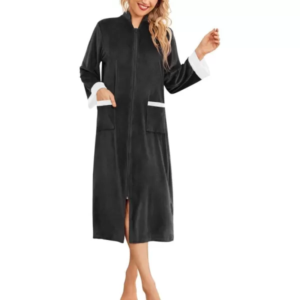 Ekouaer Women Zip Up Robe Fleece House Coats Full Length House Dress Long Sleeve Bathrobe with Pockets S3XLBlack