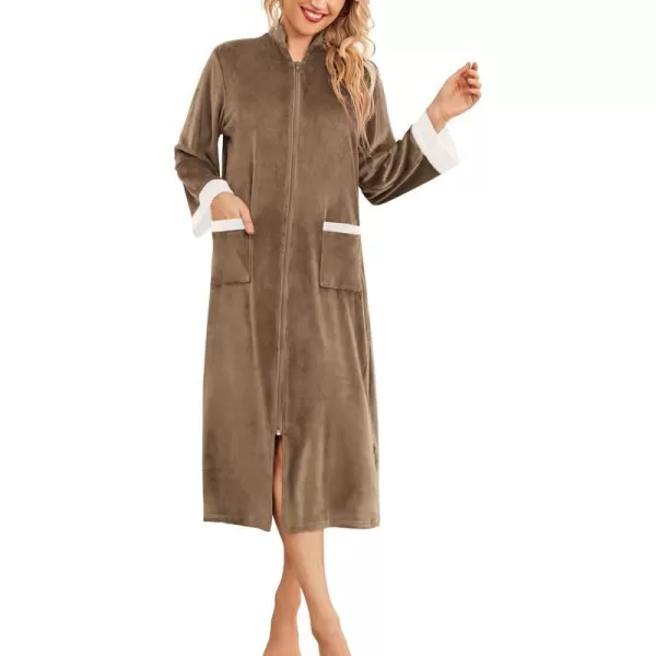 Ekouaer Women Zip Up Robe Fleece House Coats Full Length House Dress Long Sleeve Bathrobe with Pockets S3XLBrown