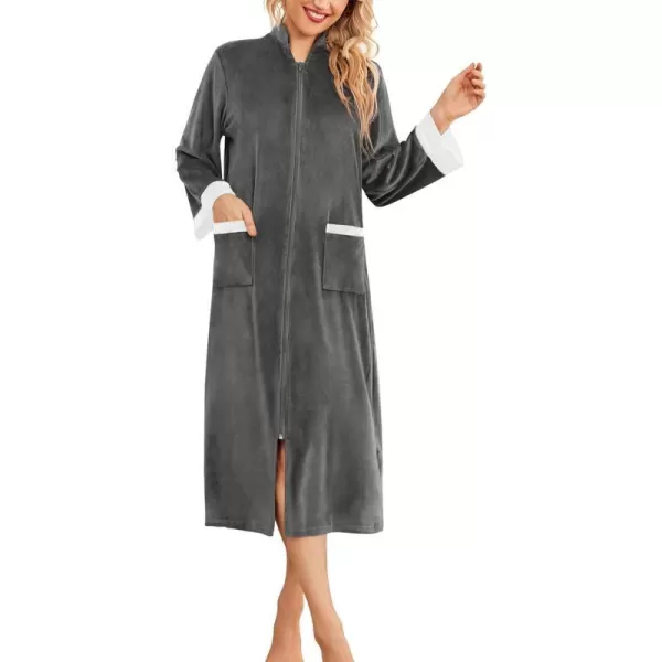 Ekouaer Women Zip Up Robe Fleece House Coats Full Length House Dress Long Sleeve Bathrobe with Pockets S3XLDark Grey