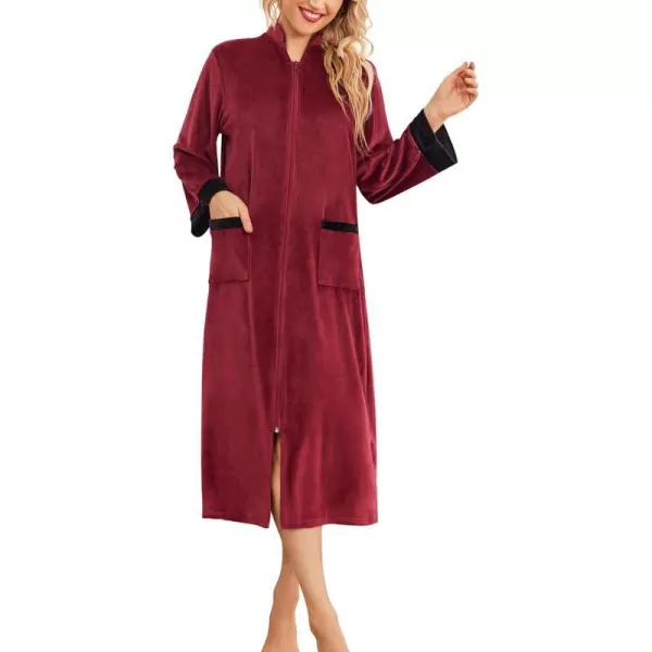 Ekouaer Women Zip Up Robe Fleece House Coats Full Length House Dress Long Sleeve Bathrobe with Pockets S3XLDrak Red