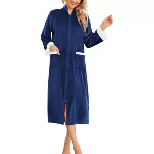 Ekouaer Women Zip Up Robe Fleece House Coats Full Length House Dress Long Sleeve Bathrobe with Pockets S3XLNavy Blue