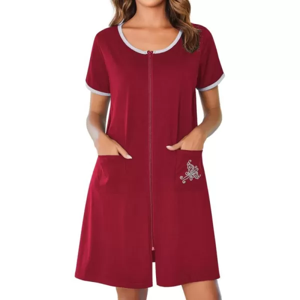 Ekouaer Women Zipper Front House Coat Short Sleeves Robe Zip Up Bathrobes Short Nightgown with Pockets S3XLAwine Red